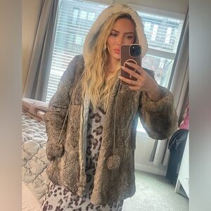 Vintage Gray Rabbit Fur Coat Hooded Soft Luxury Winter Jacket Women